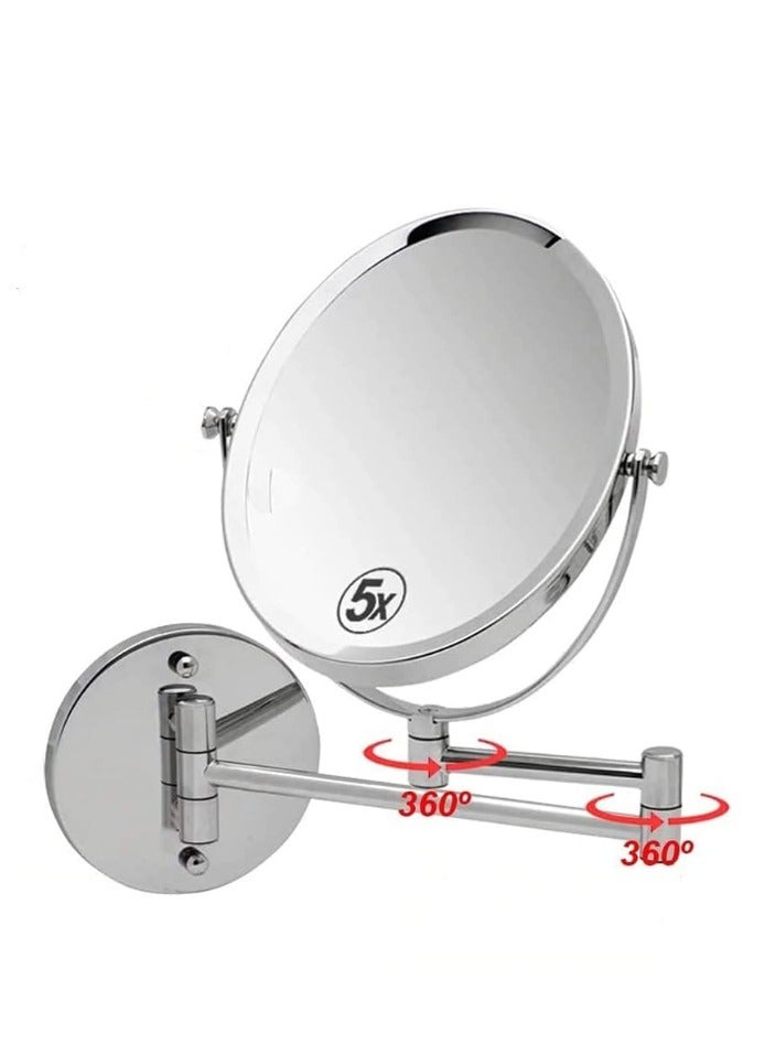 8inch Round Mirror Double Sided with 5x Magnifying Mirror, Extendable Fodable 360° Rotatable No-drill, Bathroom Wall Mounted Swivel Shaving Cosmetic Makeup Vanity Mirror (Silver) - Image 1