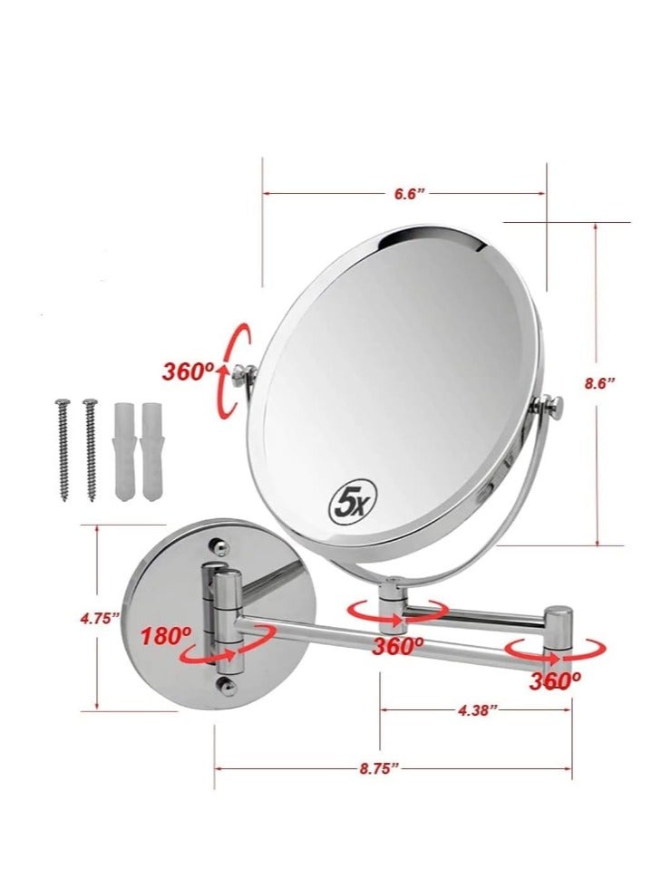 8inch Round Mirror Double Sided with 5x Magnifying Mirror, Extendable Fodable 360° Rotatable No-drill, Bathroom Wall Mounted Swivel Shaving Cosmetic Makeup Vanity Mirror (Silver) - Image 2