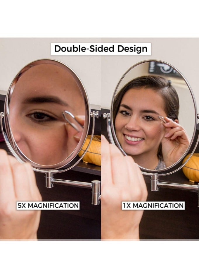 8inch Round Mirror Double Sided with 5x Magnifying Mirror, Extendable Fodable 360° Rotatable No-drill, Bathroom Wall Mounted Swivel Shaving Cosmetic Makeup Vanity Mirror (Silver) - Image 4