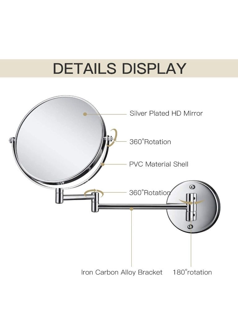 8inch Round Mirror Double Sided with 5x Magnifying Mirror, Extendable Fodable 360° Rotatable No-drill, Bathroom Wall Mounted Swivel Shaving Cosmetic Makeup Vanity Mirror (Silver) - Image 5