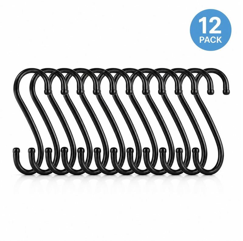Dunekart Heavy Duty S Hooks 12 Pack, Stainless Steel Metal Hanging Hooks for Kitchen Utensils Pots Pans Clothes, Closet Organizer Rod Hangers -Black - Image 1