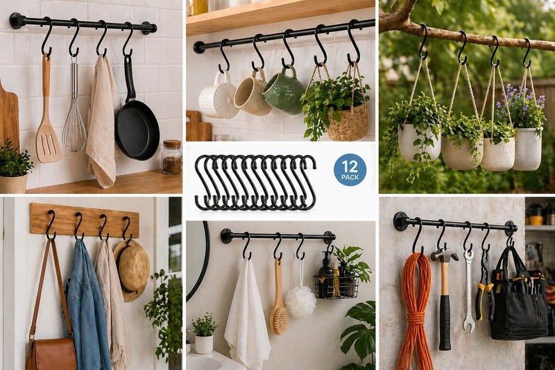 Dunekart Heavy Duty S Hooks 12 Pack, Stainless Steel Metal Hanging Hooks for Kitchen Utensils Pots Pans Clothes, Closet Organizer Rod Hangers -Black - Image 2
