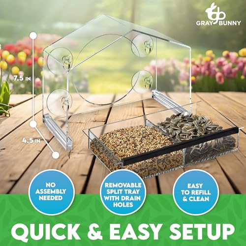 Gray Bunny Window Bird Feeder with Strong Suction Cups (Clear) Bird Feeders for Outdoors with Drain Holes, Removable Tray and Large Seed Capacity - Image 2