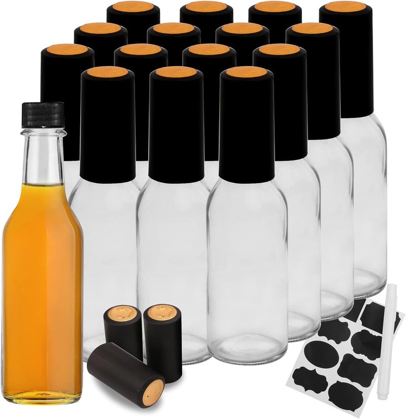 Maredash Hot Sauce Bottles with Black Caps, 16 pack 5oz empty glass bottles,woozy bottle 5 oz - Image 1