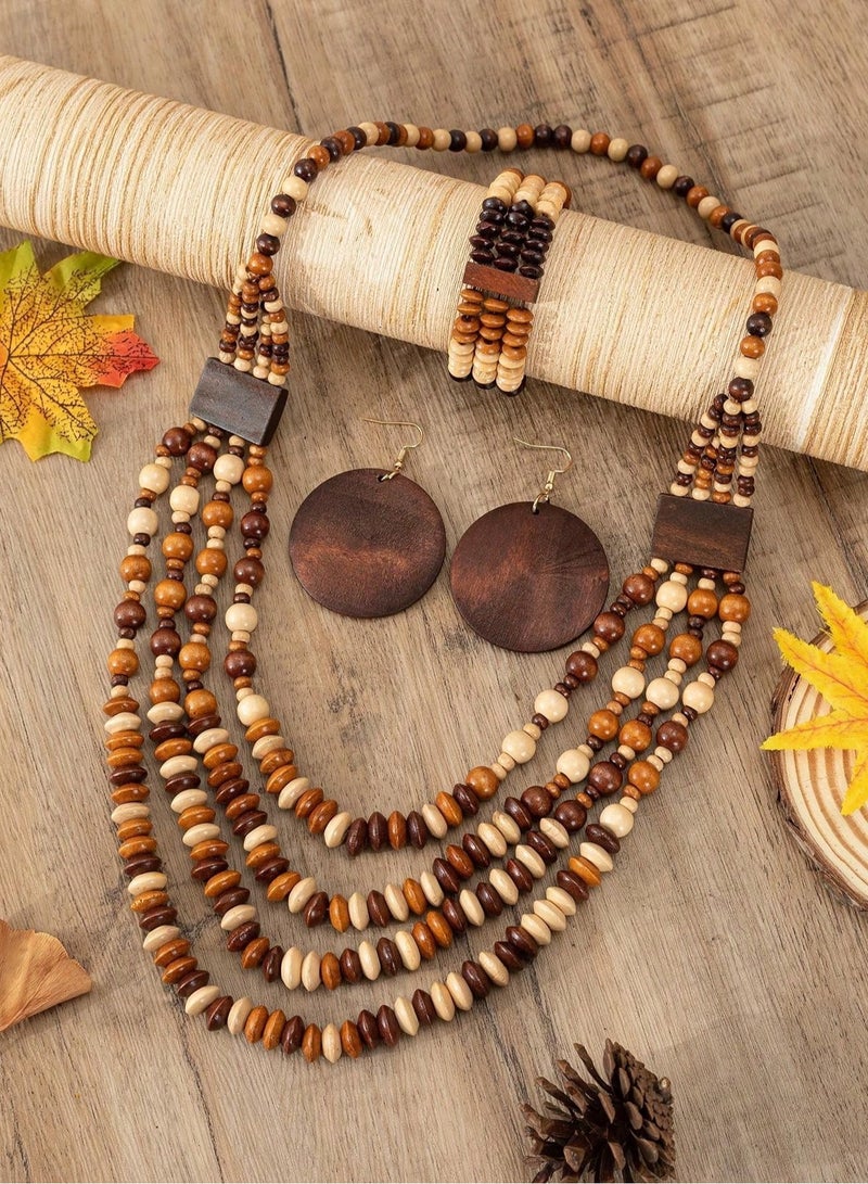 Women’s Accessory Set with Multi-Layer Beaded Wooden Necklace, Earrings, and Bracelet – Trendy Accessories for Daily Wear and Occasions - Image 2
