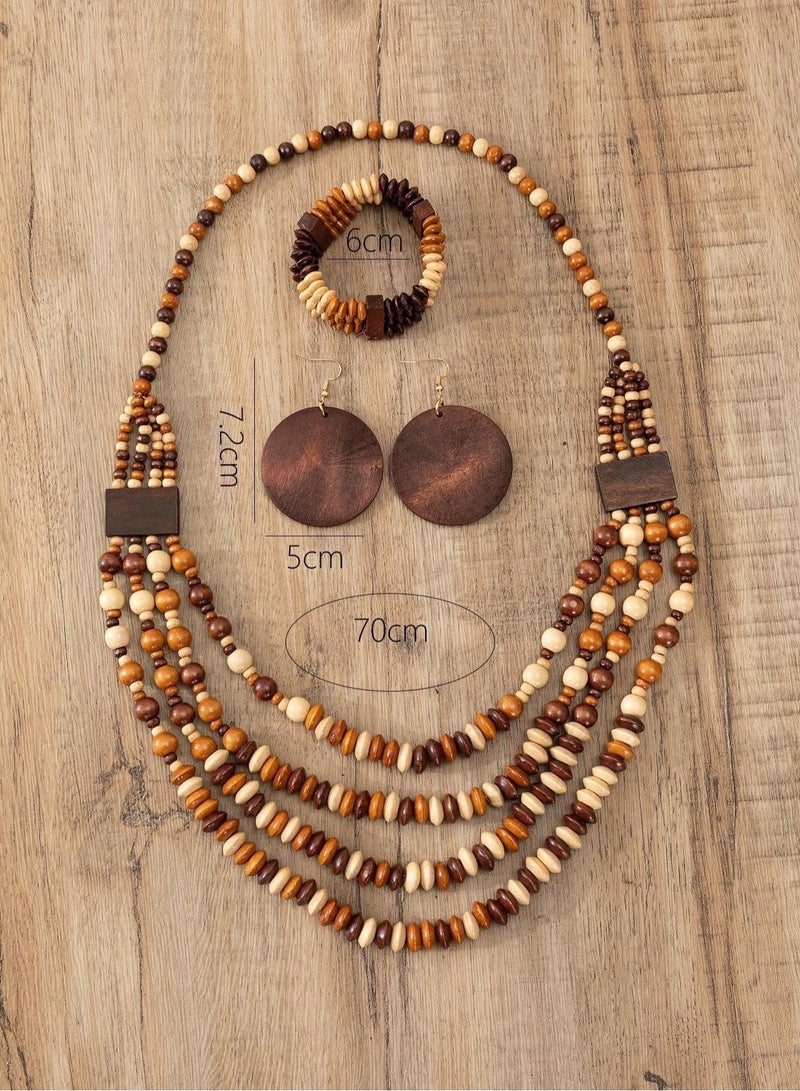 Women’s Accessory Set with Multi-Layer Beaded Wooden Necklace, Earrings, and Bracelet – Trendy Accessories for Daily Wear and Occasions - Image 3