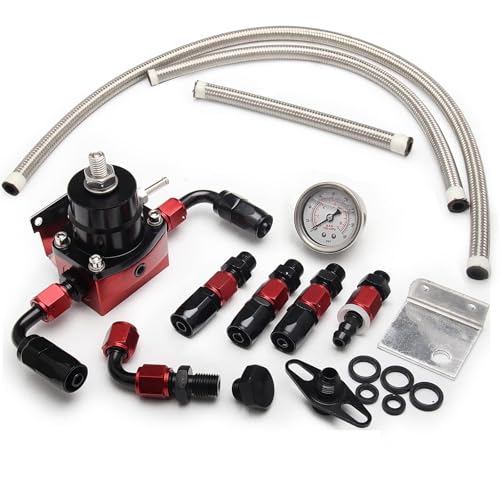 YESHMA EFI Fuel Pressure Regulator Kit 0-100psi with Gauge 6AN Fuel Line Fitting Universal Adjustable Aluminum (Black+Red) - Image 1
