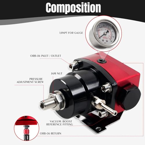YESHMA EFI Fuel Pressure Regulator Kit 0-100psi with Gauge 6AN Fuel Line Fitting Universal Adjustable Aluminum (Black+Red) - Image 2