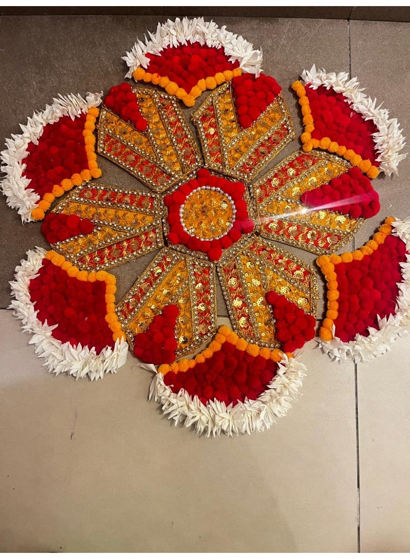 ديwali ديكور / بوم بوم وزخرفة زهور رنجولي – ديكور أرضي يدوي لعيد ديwali مع حدود بتلات بيضاء