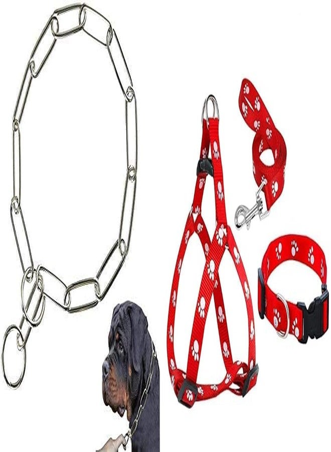 Penta Paws GSD Choke Chain Dog Collars Fur Saver Training Long Link Chrome Plated Choker and Dog Paw Print Adjustable Harness Leash and Collar Set for Small Dogs and Puppies