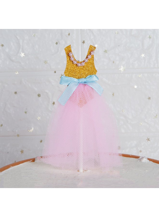 Cake Decoration Card-inserting Pearl Princess Yarn Dress Baby Pink Dress Wedding Birthday Party Baking Plug-in 1 Pack-Specifications:Pearl Gold Pink Skirt Blue Knot ] - Image 1