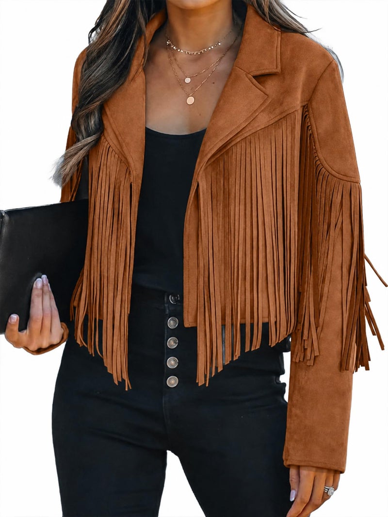Bibowa Faux Leather Jackets For Women Trendy Cowgirl Outfits Fall Western Fringe Cropped Jacket 2026 Tassel Motorcycle Crop Coats Winter Tan M - Image 2