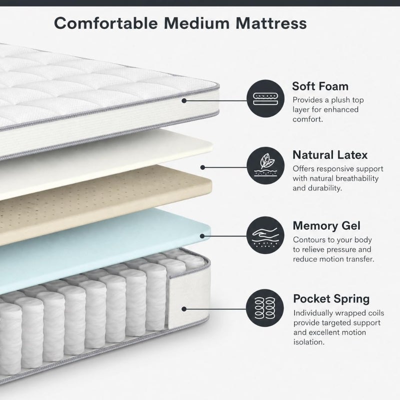 Euro Heaven Hybrid Mattress - Full (140x200cm) | Medium Firm Euro Top with Cooling Memory Gel, Natural Latex & Pocket Springs - Image 5