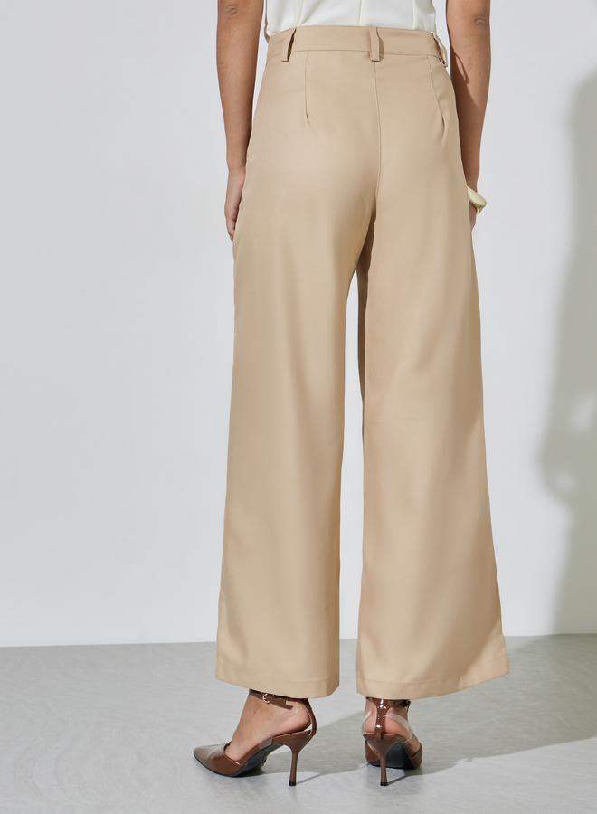 Styli Beige Solid Wide leg Trousers - Image 4