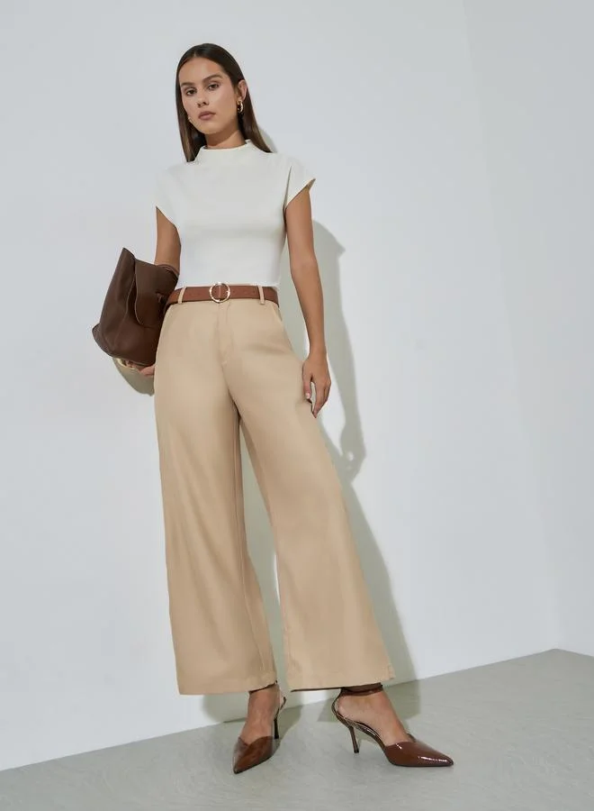 Styli Beige Solid Wide leg Trousers