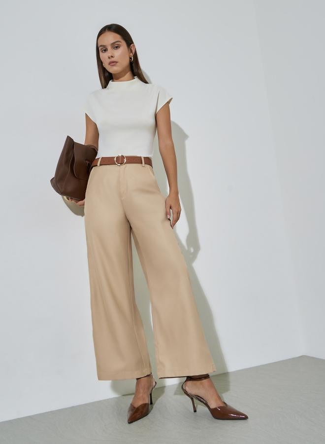 Styli Beige Solid Wide leg Trousers - Image 2
