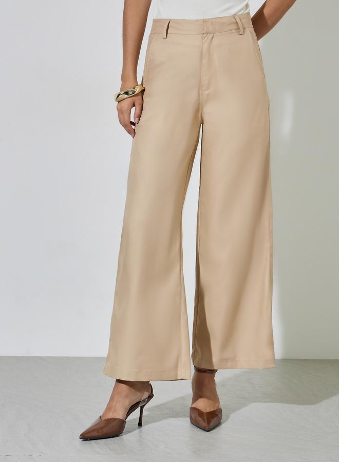 Styli Beige Solid Wide leg Trousers - Image 1