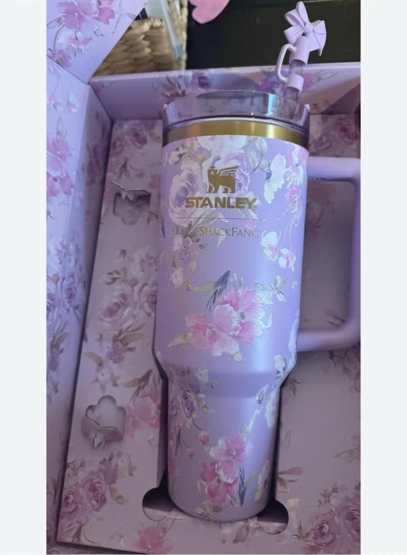 Stanley Love Shack Fancy H2.0 Flow State 40oz Purple Cortex Tumbler, Stainless Steel Vacuum Insulated Quencher with Lid, Straw, and Stopper, Ideal for Water and Iced Tea, Keeps Drinks Cold, Presented in Elegant Gift-Ready Packaging - Image 1