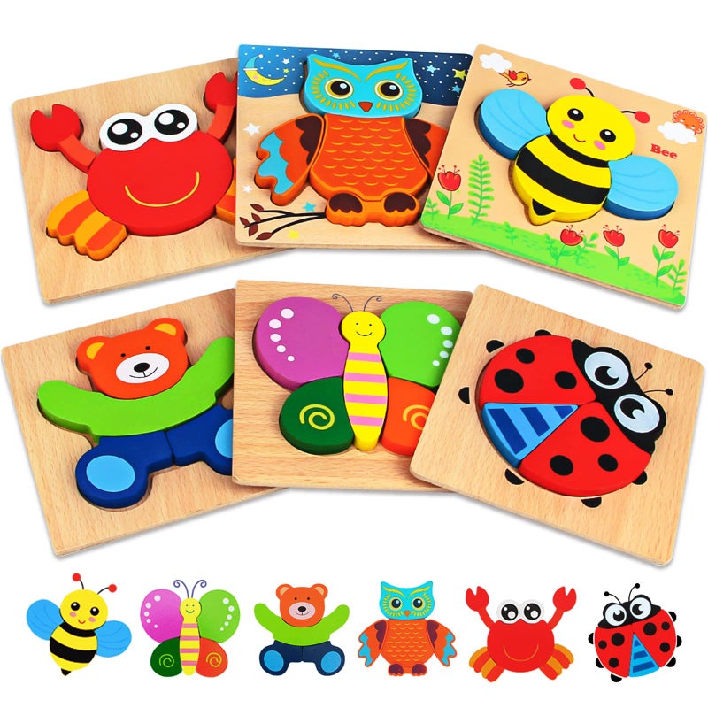 Dreampark Wooden Puzzles for Toddlers Ages 1-3, Montessori Toys for 1 2 3 Years Old Girls Boys Baby Kids Puzzle Learning Educational Christmas Birthday Gifts Toys 6 Pack Animal Jigsaw Puzzle - Image 1