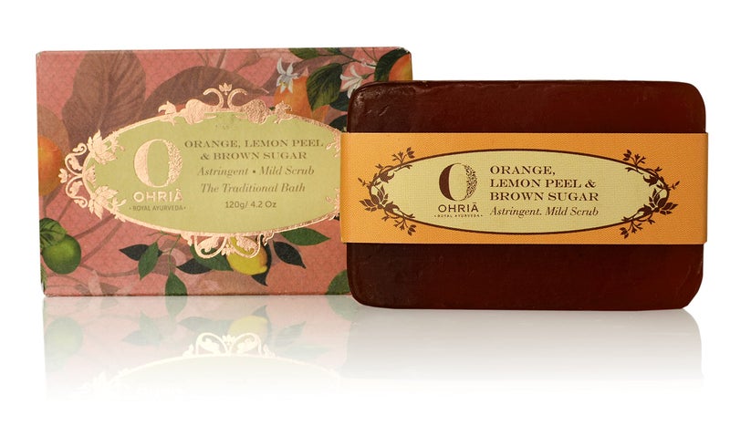 Ohria Ayurveda Orange, Lemon Peel & Brown Sugar Bathing Bar | Mild Scrub for Cleansing, Softening & Energizing Skin | Enriched with Natural Citrus Extracts & Brown Sugar | Ideal for All Skin Types | 120g | Revitalizes & Refreshes Skin Naturally - Image 1
