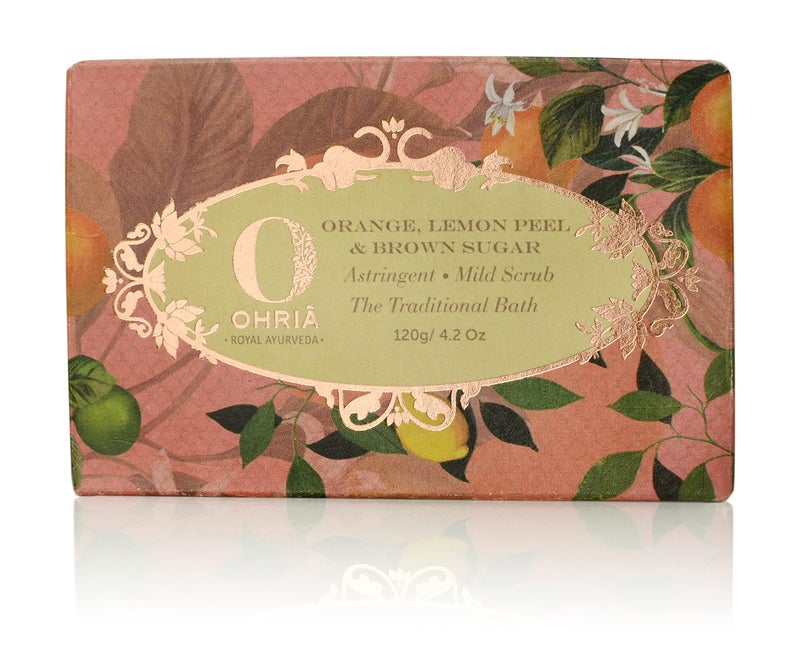 Ohria Ayurveda Orange, Lemon Peel & Brown Sugar Bathing Bar | Mild Scrub for Cleansing, Softening & Energizing Skin | Enriched with Natural Citrus Extracts & Brown Sugar | Ideal for All Skin Types | 120g | Revitalizes & Refreshes Skin Naturally - Image 2