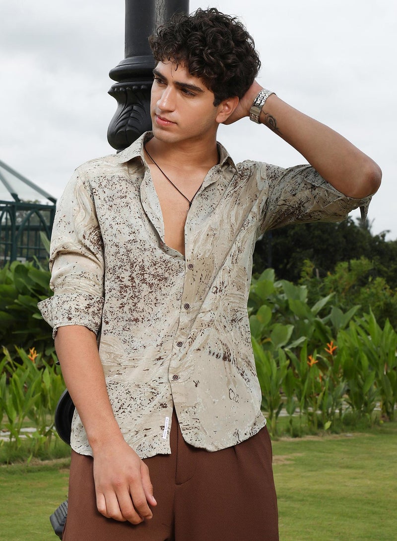 Campus Sutra Campus Sutra Men's Ecru Beige Marble-Specks Imprint Shirt | Spread Collar , Long Cuffed Sleeves , Button Closure , Curved Hem | Abstract Print Plain | Polyester Shirt For Casual Wear - Image 2