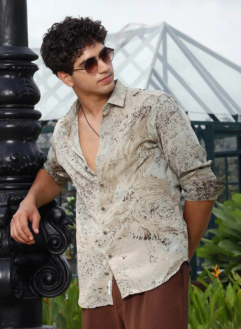 Campus Sutra Campus Sutra Men's Ecru Beige Marble-Specks Imprint Shirt | Spread Collar , Long Cuffed Sleeves , Button Closure , Curved Hem | Abstract Print Plain | Polyester Shirt For Casual Wear
