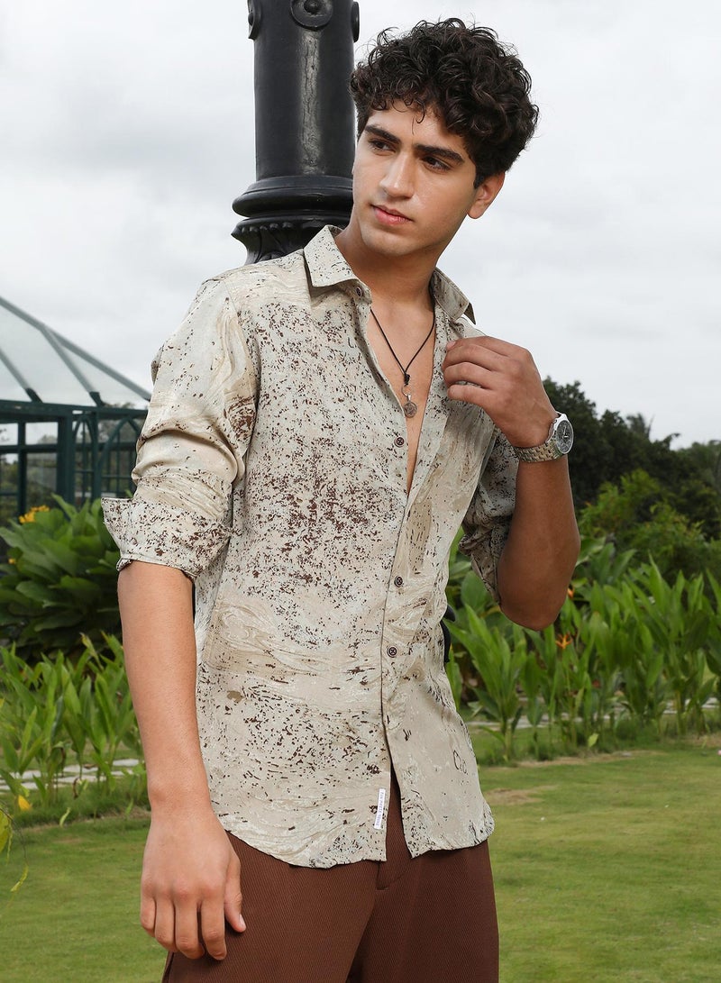 Campus Sutra Campus Sutra Men's Ecru Beige Marble-Specks Imprint Shirt | Spread Collar , Long Cuffed Sleeves , Button Closure , Curved Hem | Abstract Print Plain | Polyester Shirt For Casual Wear - Image 3