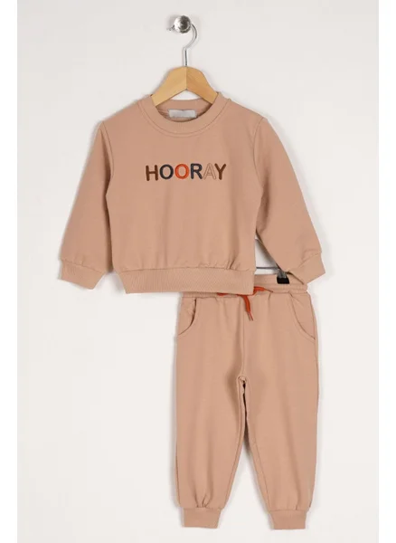 Zepkids Crew Neck Long Sleeve Hooray Printed Beige Color Boy's Two Piece Suit