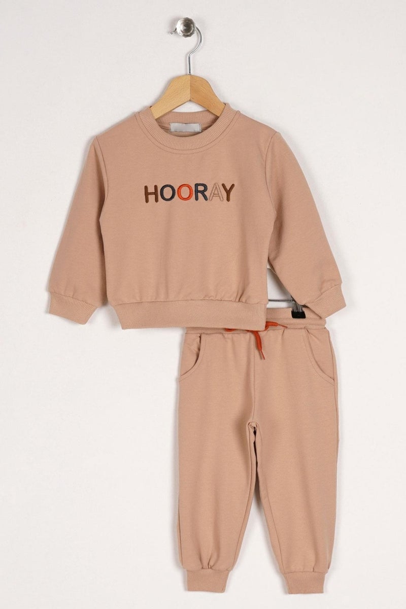Zepkids Crew Neck Long Sleeve Hooray Printed Beige Color Boy's Two Piece Suit - Image 1