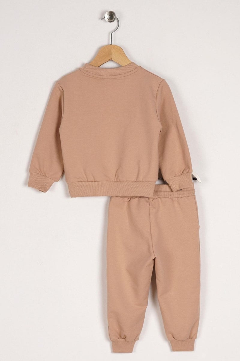 Zepkids Crew Neck Long Sleeve Hooray Printed Beige Color Boy's Two Piece Suit - Image 2