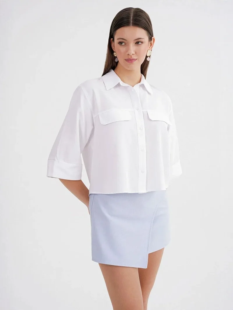 Mixray White Mixray Short Sleeve Crop Poplin Shirt for Women | Best Price UAE