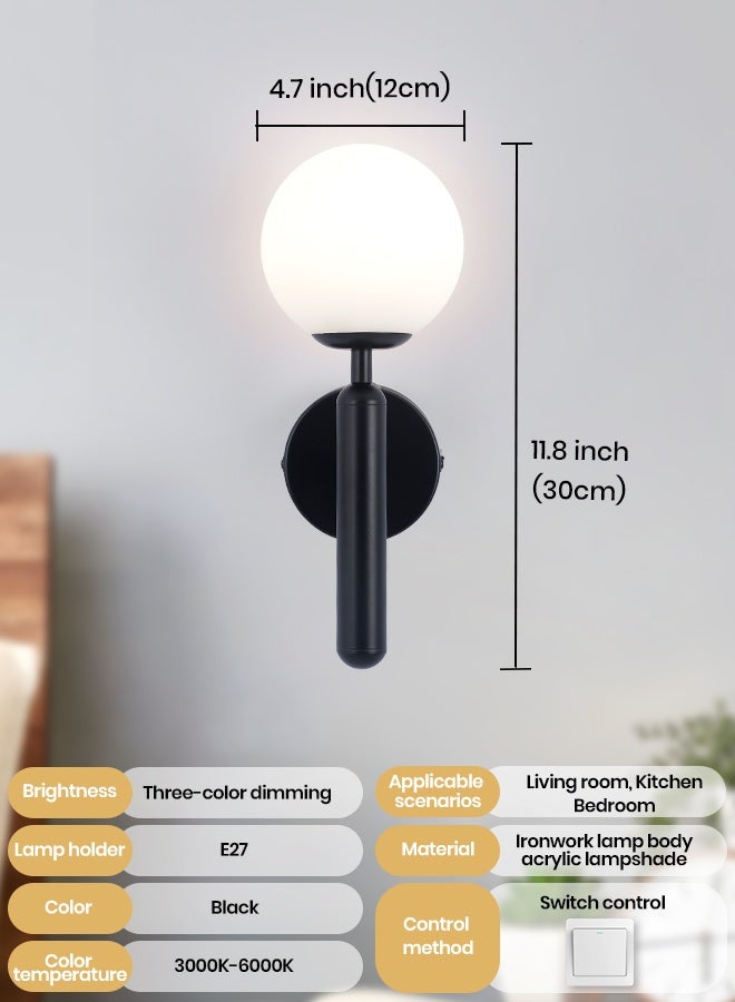 YATAI LIGHTING Modern Black LED Wall Light, 30cm Acrylic Globe Indoor Wall Lamp with E27 Bulb Included, 3-Color Switch Control 3000K to 6000K for Bedroom, Living Room, Dining Room - Image 2
