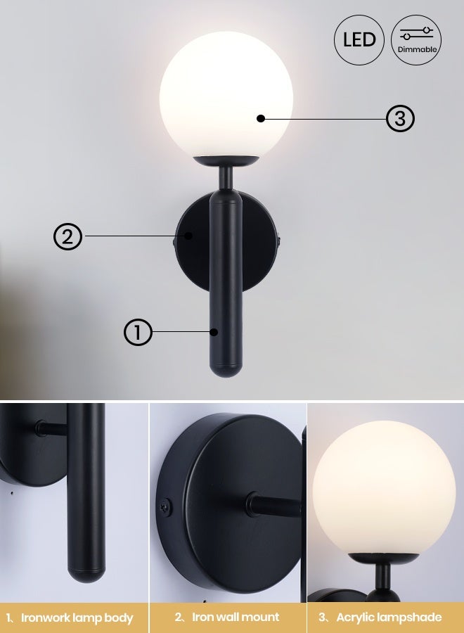 YATAI LIGHTING Modern Black LED Wall Light, 30cm Acrylic Globe Indoor Wall Lamp with E27 Bulb Included, 3-Color Switch Control 3000K to 6000K for Bedroom, Living Room, Dining Room - Image 4
