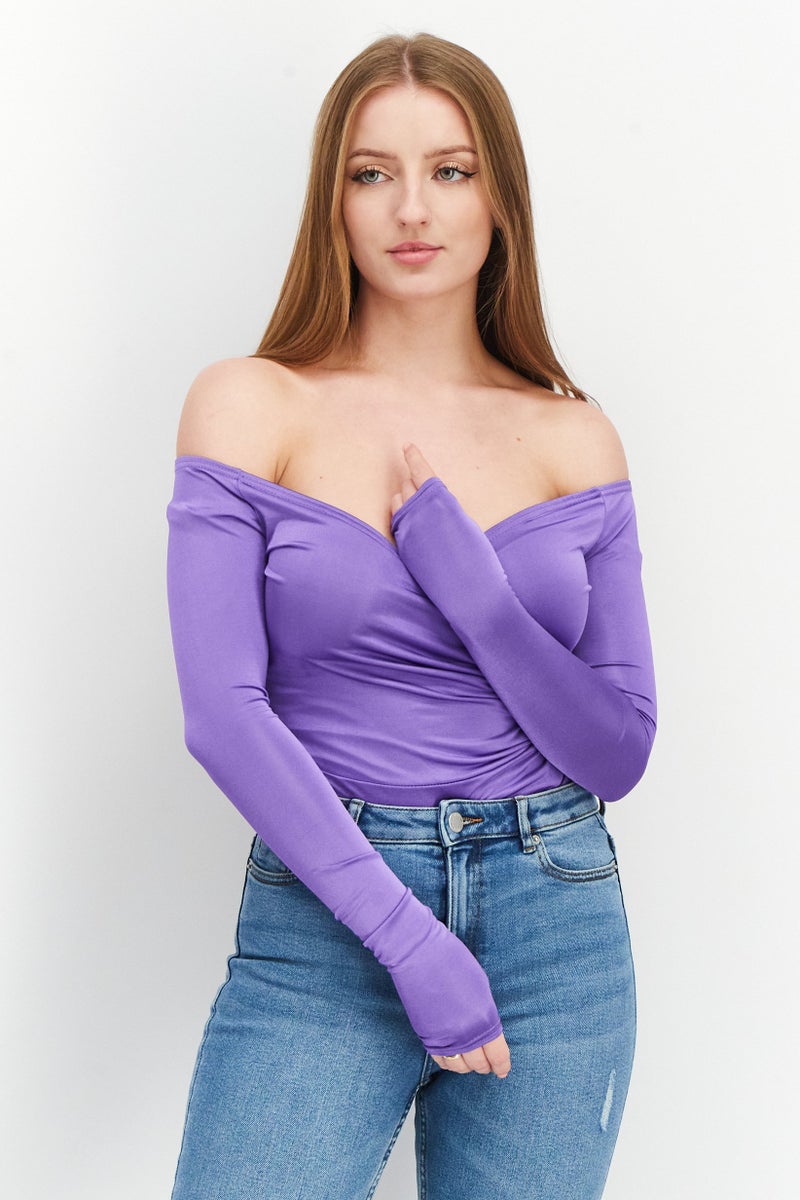Bamboo Women Wrap Off Shoulder Slinky Bodysuit, Purple - Image 1