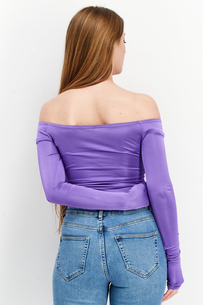 Bamboo Women Wrap Off Shoulder Slinky Bodysuit, Purple - Image 3