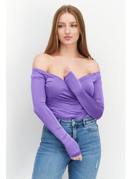 Bamboo Women Wrap Off The Shoulder Slinky Bodysuit, Purple  - Image 1