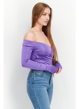 Bamboo Women Wrap Off The Shoulder Slinky Bodysuit, Purple  - Image 2