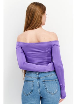 Bamboo Women Wrap Off The Shoulder Slinky Bodysuit, Purple  - Image 3