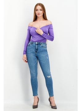 Bamboo Women Wrap Off The Shoulder Slinky Bodysuit, Purple  - Image 4