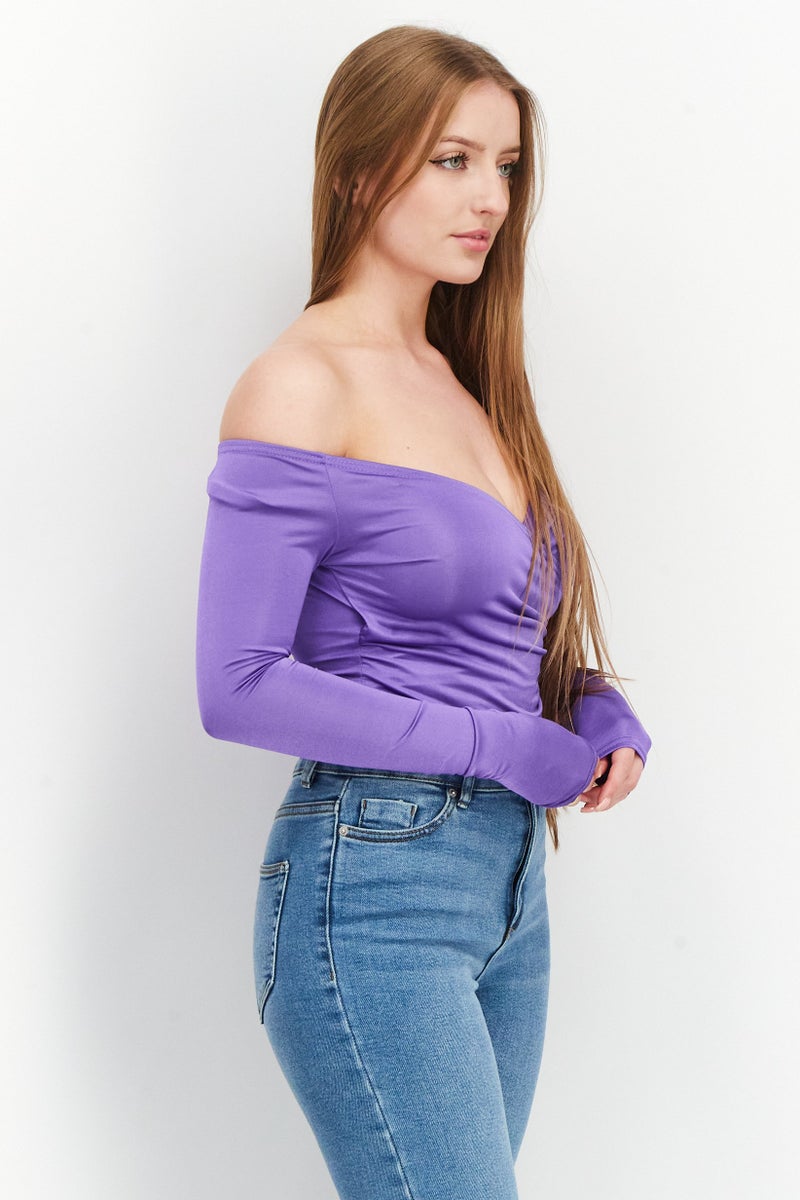 Bamboo Women Wrap Off Shoulder Slinky Bodysuit, Purple - Image 2