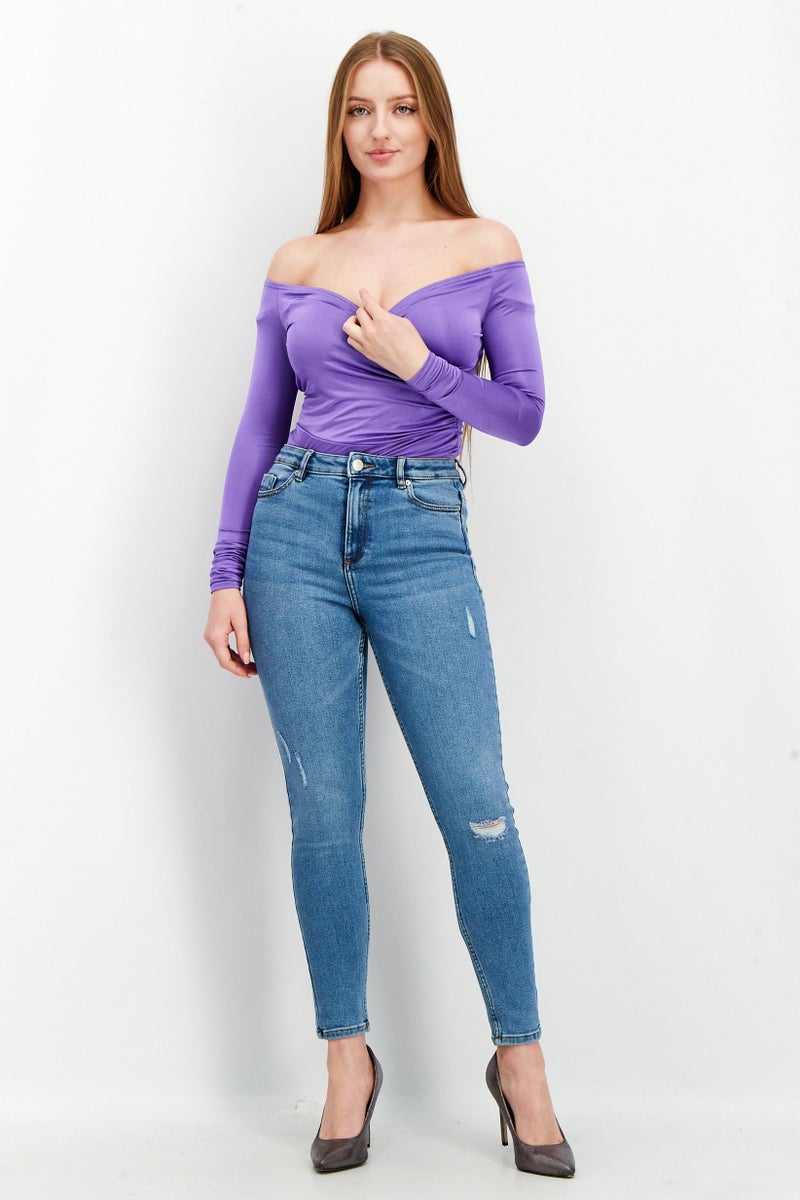 Bamboo Women Wrap Off Shoulder Slinky Bodysuit, Purple - Image 4