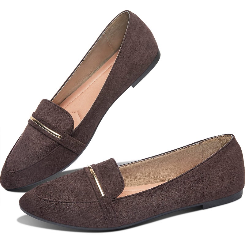 Obtaom Women's Pointy Toe Loafer Flat Comfortable Faux Suede Work Shoes,Cute Penny Loafer Slip On Ballet Flat(Coffee US6) - Image 1
