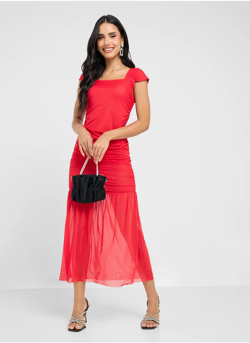 جينجر Cap Sleeves Ruched Dropwaist Dress