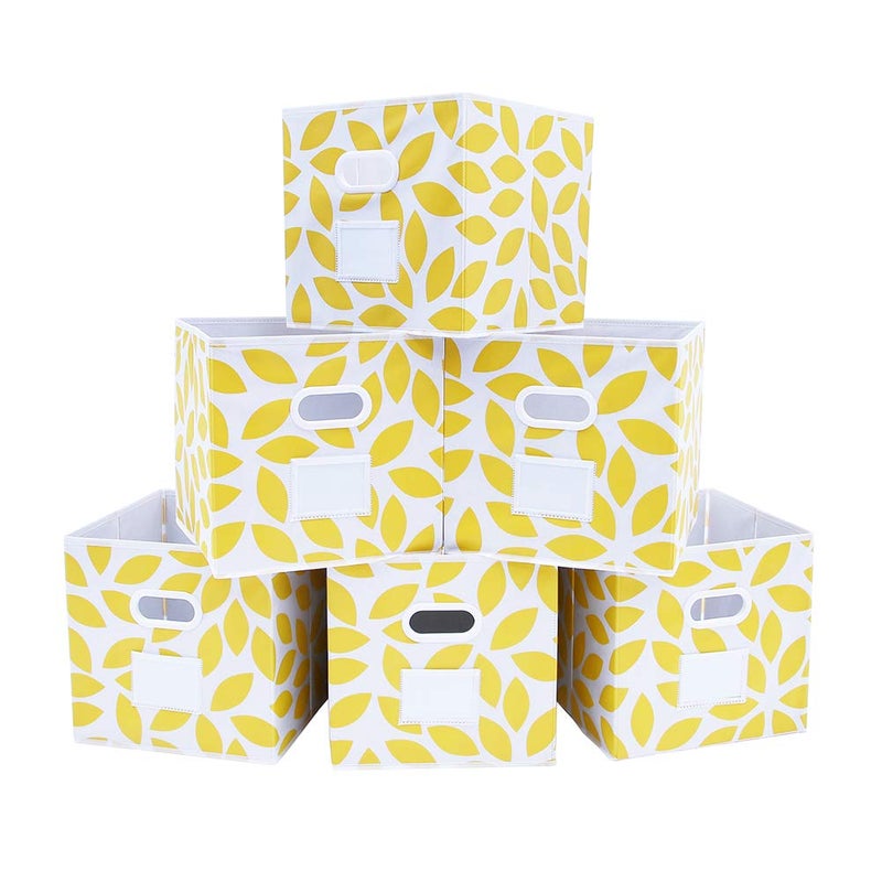 MAX Houser Fabric Storage Bins Cubes Baskets Containers with Dual Plastic Handles for Home Closet Bedroom Drawers Organizers, Flodable, Set of 6 (Yellow) - Image 1