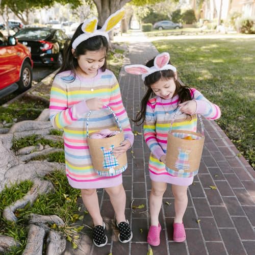 BABORI Easter Basket 2 Pcs Bunny Bags Canvas Egg Hunt Baskets for Easter Egg Hunts Decorations Candy Gifts Storage Reusable Grocery Bags BluePink - Image 3