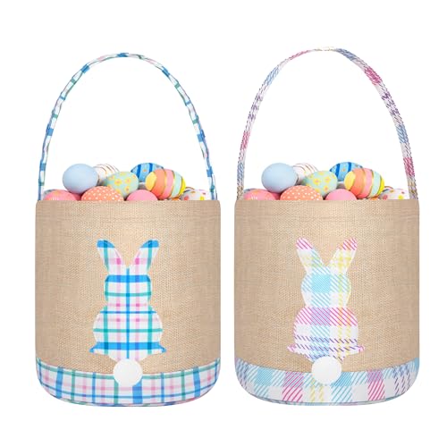 BABORI Easter Basket 2 Pcs Bunny Bags Canvas Egg Hunt Baskets for Easter Egg Hunts Decorations Candy Gifts Storage Reusable Grocery Bags BluePink - Image 1