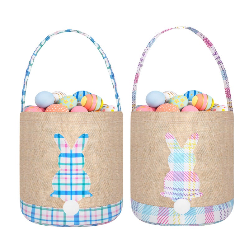 BABORI Easter Basket 2 Pcs Bunny Bags Canvas Egg Hunt Baskets for Easter Egg Hunts Decorations Candy Gifts Storage Reusable Grocery Bags BluePink - Image 2