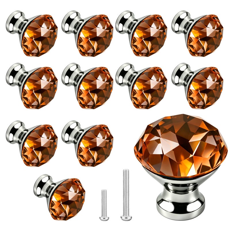 ANJUU 10 Pcs 30mm Silver Plated Base Diamond Shape Crystal Glass Cabinet Knob Drawer Knob Pull Handle Used for Kitchen Dresser Door Cupboard Amber - Image 2