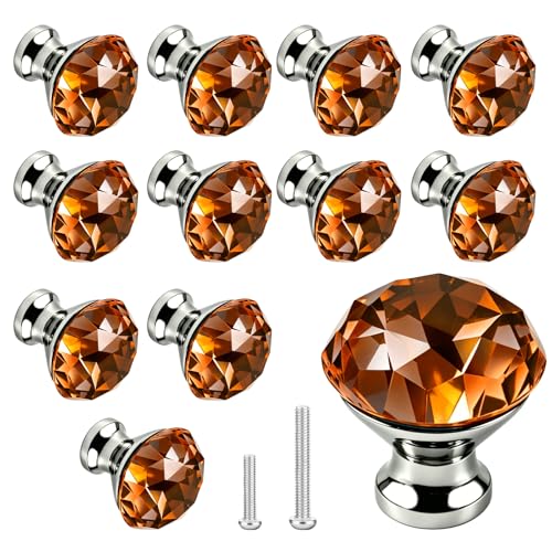 ANJUU 10 Pcs 30mm Silver Plated Base Diamond Shape Crystal Glass Cabinet Knob Drawer Knob Pull Handle Used for Kitchen Dresser Door Cupboard Amber - Image 1
